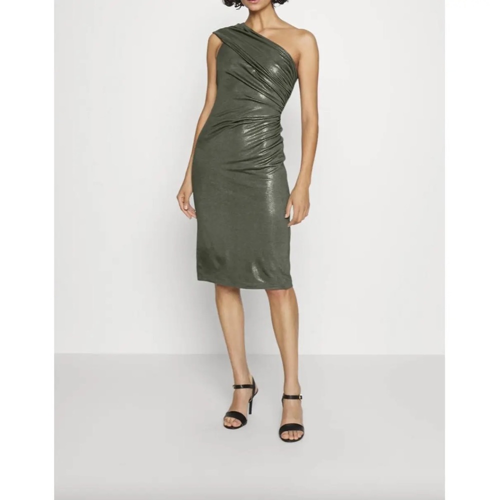 NWT Ralph Lauren Foil-Print Jersey One-Shoulder Cocktail Dress Olive - Picture 4 of 10